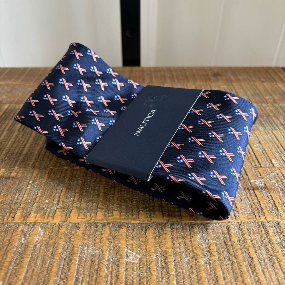 NWT NAUTICA Silk Blue American Cancer Ribbon Print Tie Mens 56” Long 4” Wide
